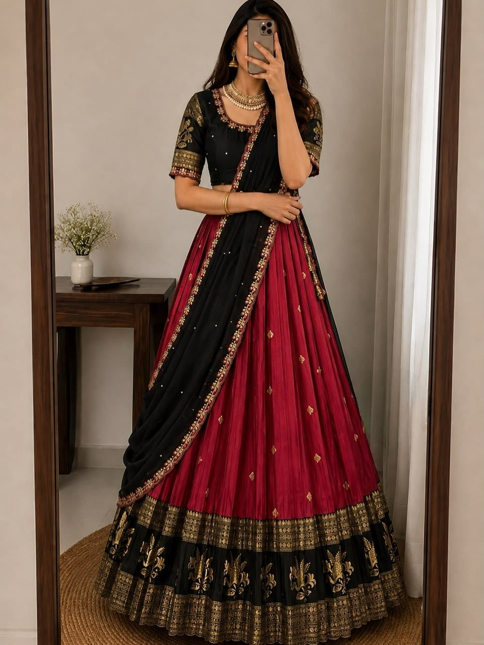 Kanchipuram Silk Full Stitched Lehenga - Black with Rani Pink